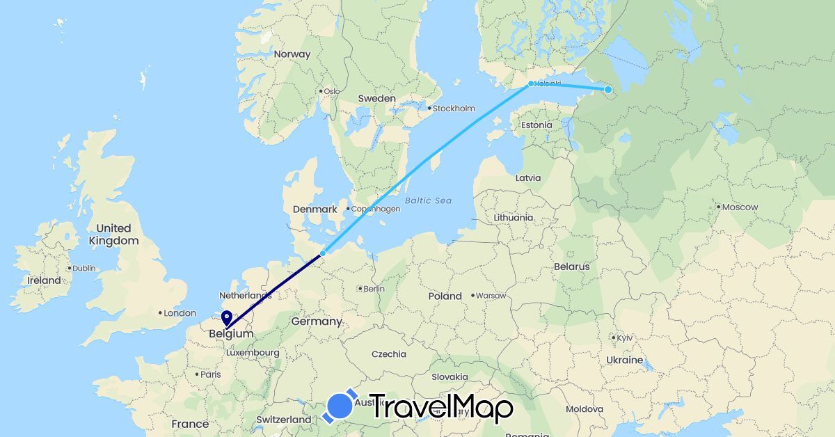 TravelMap itinerary: driving, boat in Belgium, Germany, Finland, Russia (Europe)